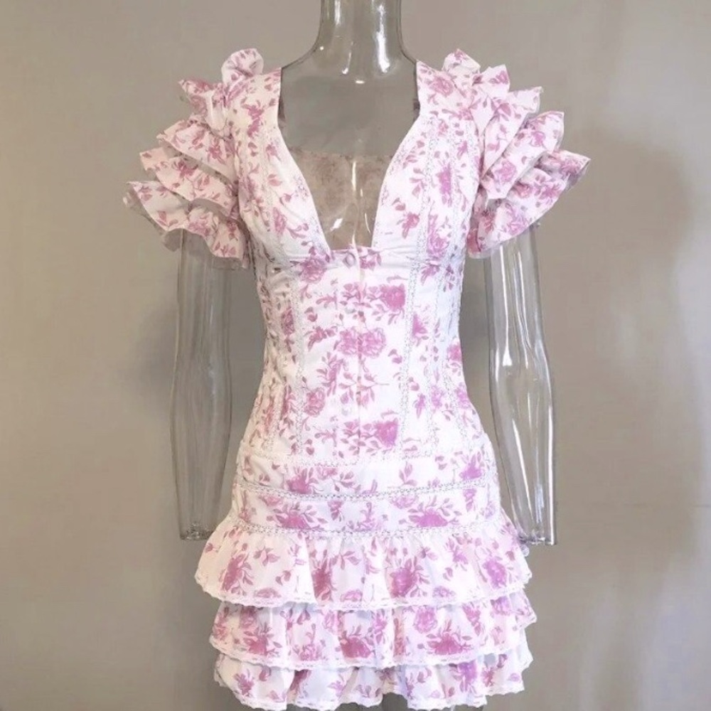 Yvonne & Love Pink White Ruffle Mini floral Dress
